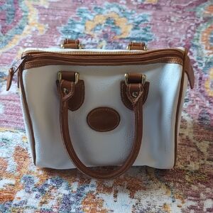 Purse Two Tone Brown & White Fabric Trimmed In Faux LEATHER 2 Handled  Bag